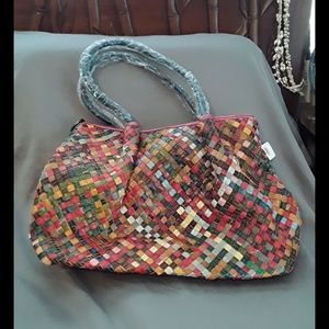 Woven leather handbag